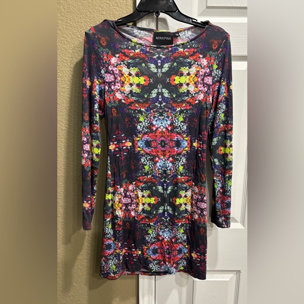 MINKPINK Pink and Blue Long Sleeve Bodycon Dress size M - Picture 3 of 4
